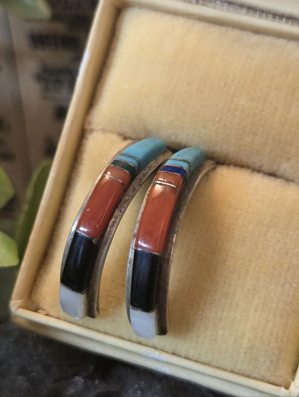 Vintage Lonjose Zuni Stone Inlay Sterling Silver Half Hoop Earrings